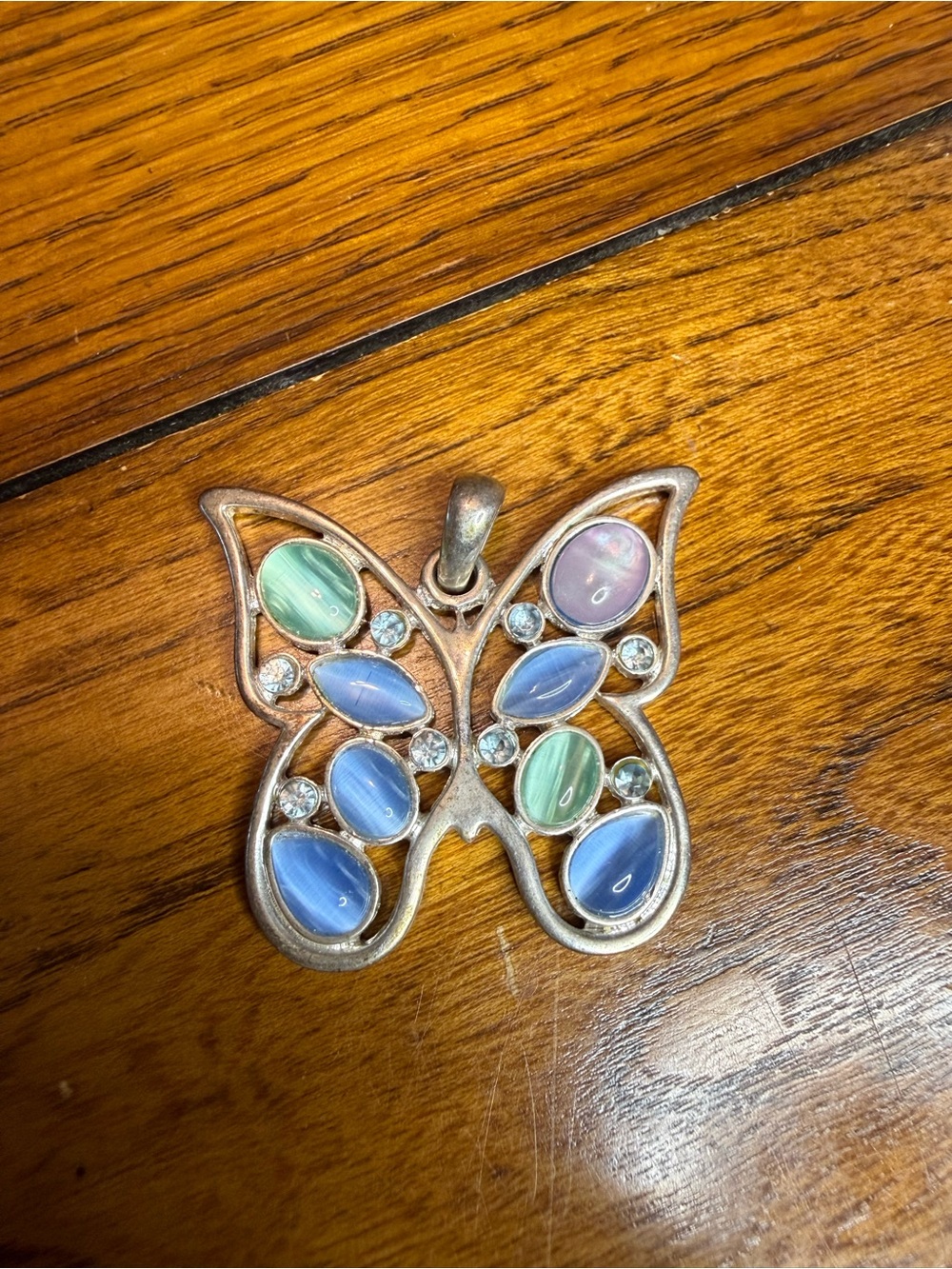 Butterfly Multi-Stone Pendant - Silver Tone, Blue & Green